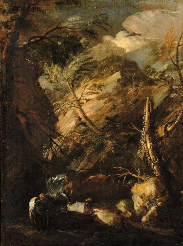 Scuola del XVIII secolo Paesaggio con sosta di viandanti