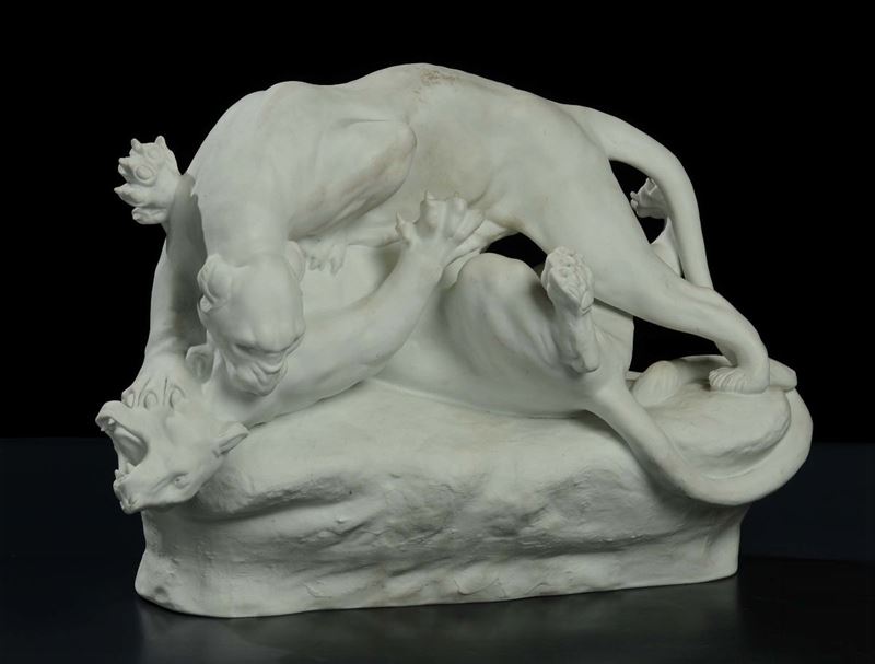 Gruppo in biscuit raffigurante lotta tra fiere, XIX secolo  - Asta Antiquariato e Dipinti Antichi - Cambi Casa d'Aste