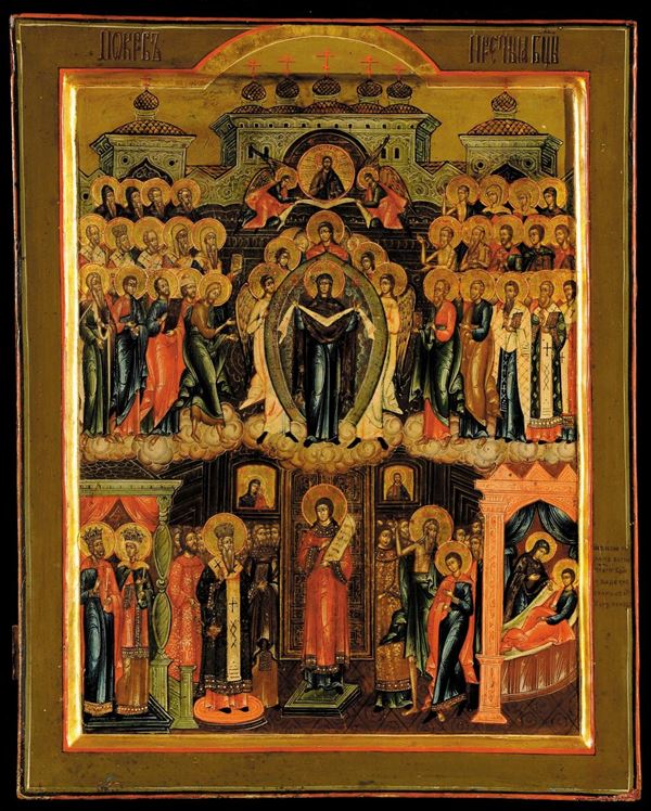 Icona raffigurante la protezione della Vergine Pokrov, XVIII secolo