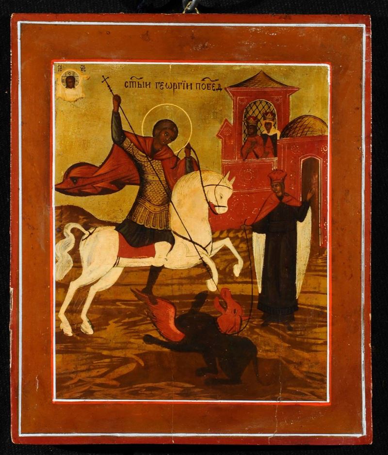 Icona raffigurante S. Giorgio e il drago, XIX secolo  - Asta Antiquariato e Dipinti Antichi - Cambi Casa d'Aste