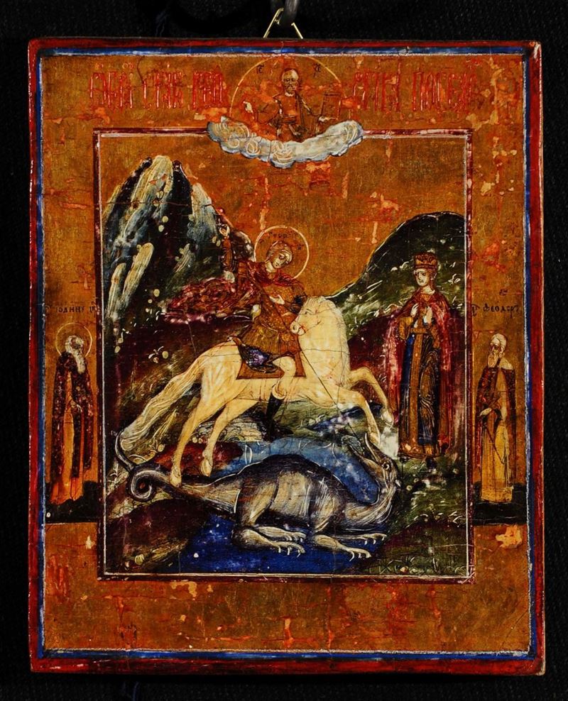 Icona raffigurante San Giorgio e il drago, XIX secolo  - Asta Antiquariato e Dipinti Antichi - Cambi Casa d'Aste