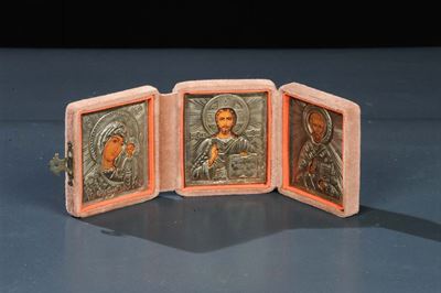 Trittico in Argento Raffigurante Madonna di Kazan, Cristo Pantocratore e San Nicola, Punzoni '84