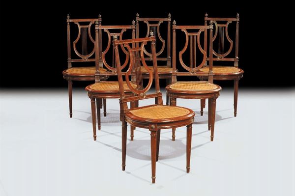 Sei sedie in mogano con schienale a lira, XIX secolo