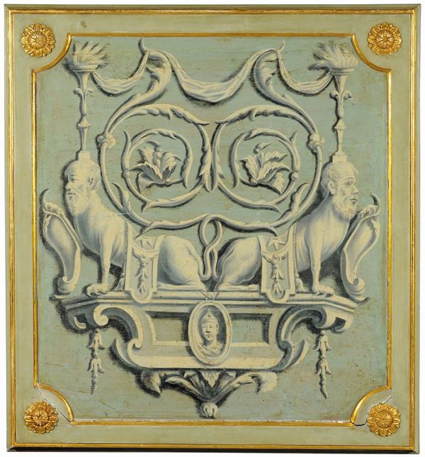 Coppia di pannelli in legno con grottesche