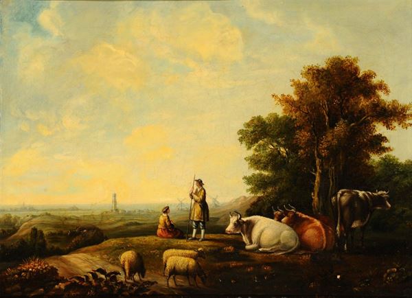 Scuola del XVIII secolo Paesaggio con pastori e armenti
