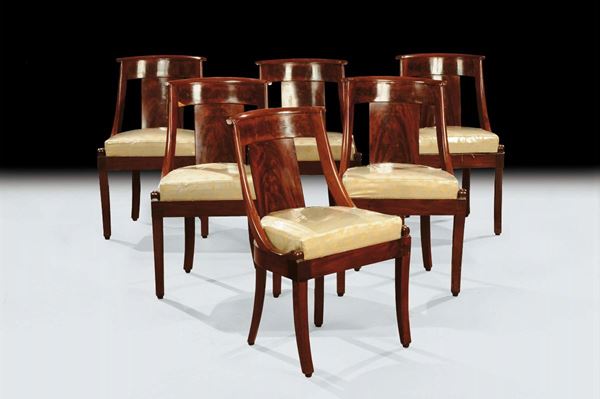 Sei sedie a gondola in mogano, Inghilterra XIX secolo