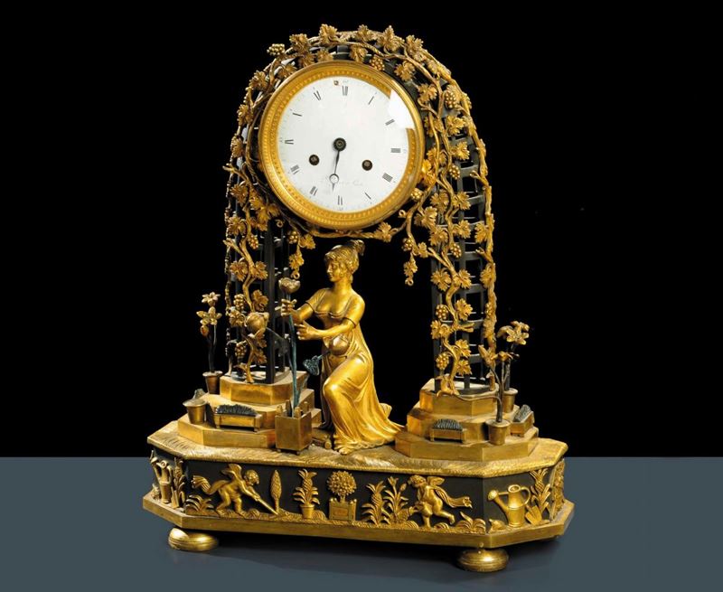 Orologio da tavolo in bronzo dorato, L. Grognot a Paris  - Asta Antiquariato e Dipinti Antichi - Cambi Casa d'Aste