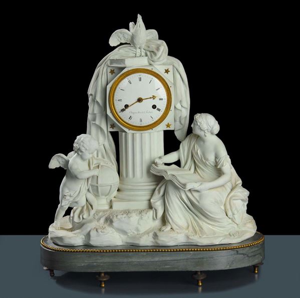 Orologio da tavolo in biscuit, Champion rue de la feuillade, Francia XIX secolo