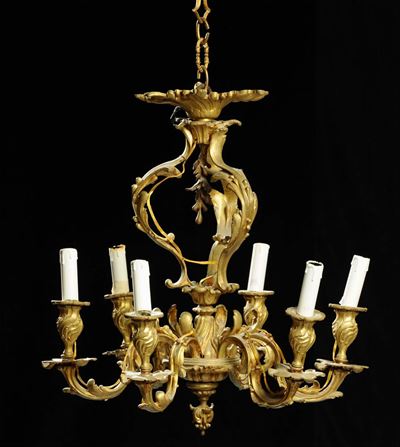 Lampadario Luigi XV a Sei Luci in Bronzo Dorato
