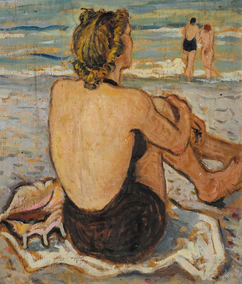 Luigi Bassano (1900-1989) Donna sulla spiaggia  - Asta Dipinti del XIX e XX secolo - II - Cambi Casa d'Aste