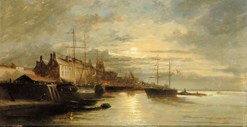 Scuola Francese fine del XIX secolo Porto con velieri al tramonto  - Auction Antiquariato e Dipinti Antichi - Cambi Casa d'Aste