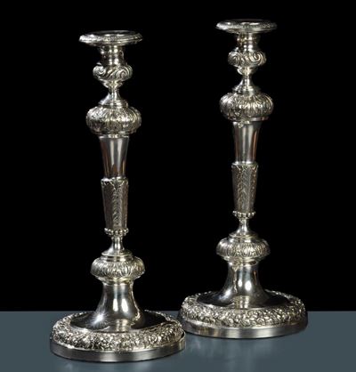 Coppia di Candelieri Neoclassici in Argento, Firenze XIX Secolo