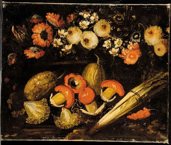 Scuola Italiana del XVII secolo Natura morta con fiori e ortaggi