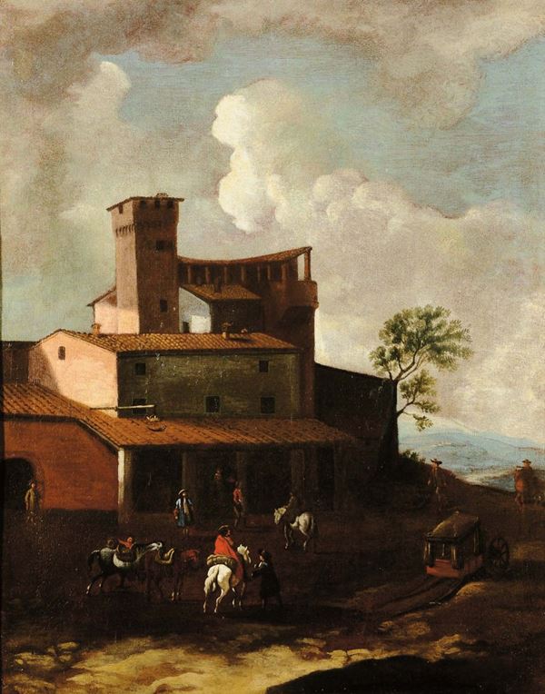 Scuola Italiana del XVII secolo Paesaggio con viandanti