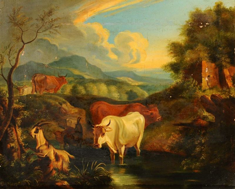 Scuola del XVIII-XIX secolo Paesaggio con armenti  - Asta Antiquariato e Dipinti Antichi - Cambi Casa d'Aste