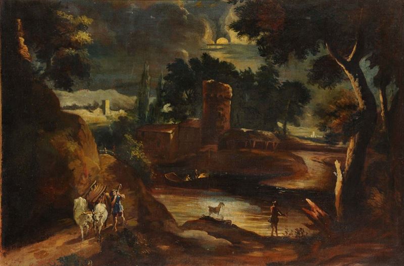Scuola del XIX secolo Paesaggio con architetture e contadini  - Auction Antiquariato e Dipinti Antichi - Cambi Casa d'Aste