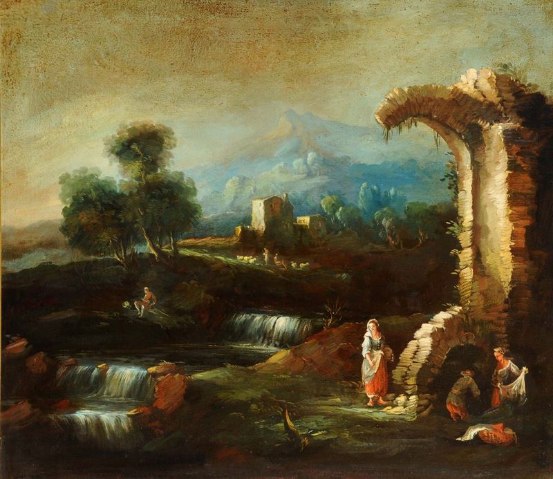 Scuola del XVIII secolo Paesaggio con rovine e contadini  - Asta Antiquariato e Dipinti Antichi - Cambi Casa d'Aste