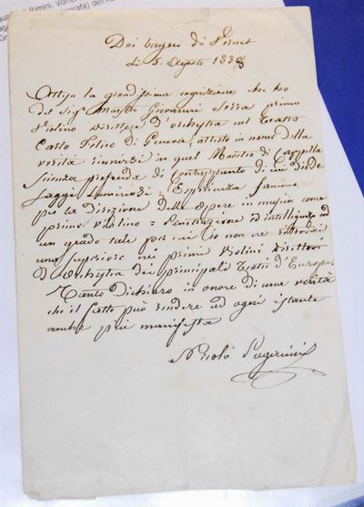 Carteggio di Nicolò Paganini Datato 5 Agosto 1838