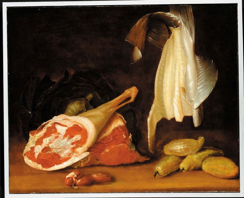 Jean-Baptiste-SimŽon Chardin (1699-1779) attribuito a Natura morta con carne, pesce e verdura  - Auction Antiquariato e Dipinti Antichi - Cambi Casa d'Aste