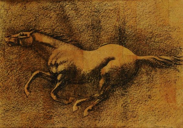 Coppia di litografie firmate Messina raffiguranti cavalli
