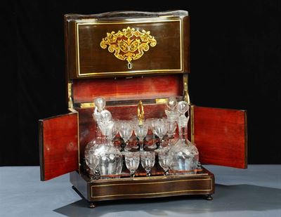 Servizio da Liquore Entro Scatola in Legno Intarsiato, Francia Napoleone III