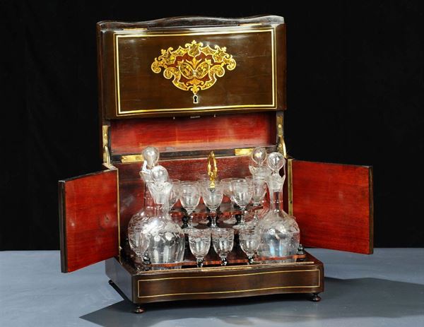Servizio da liquore entro scatola in legno intarsiato, Francia Napoleone III
