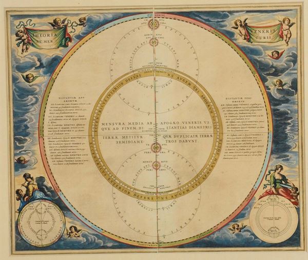 Coppia di stampe raffiguranti planisferi colorati, XVII secolo