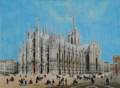 Acquatinta a Colori Raffigurante Duomo di Milano, XIX Secolo