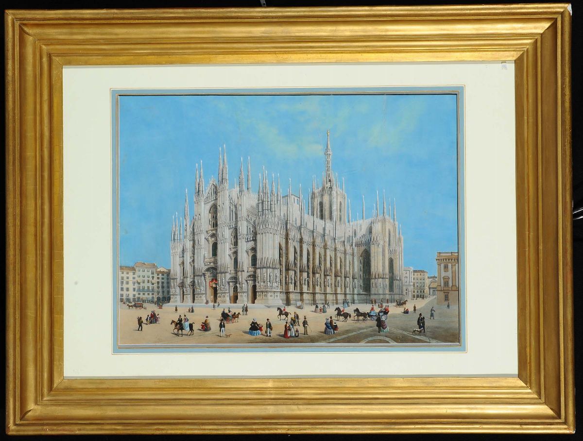 Acquatinta a Colori Raffigurante Duomo di Milano, XIX Secolo