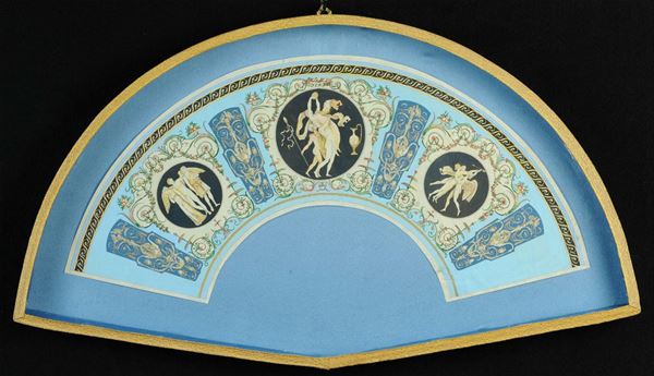 Progetto di ventaglio entro teca in tessuto blu, Italia XIX secolo