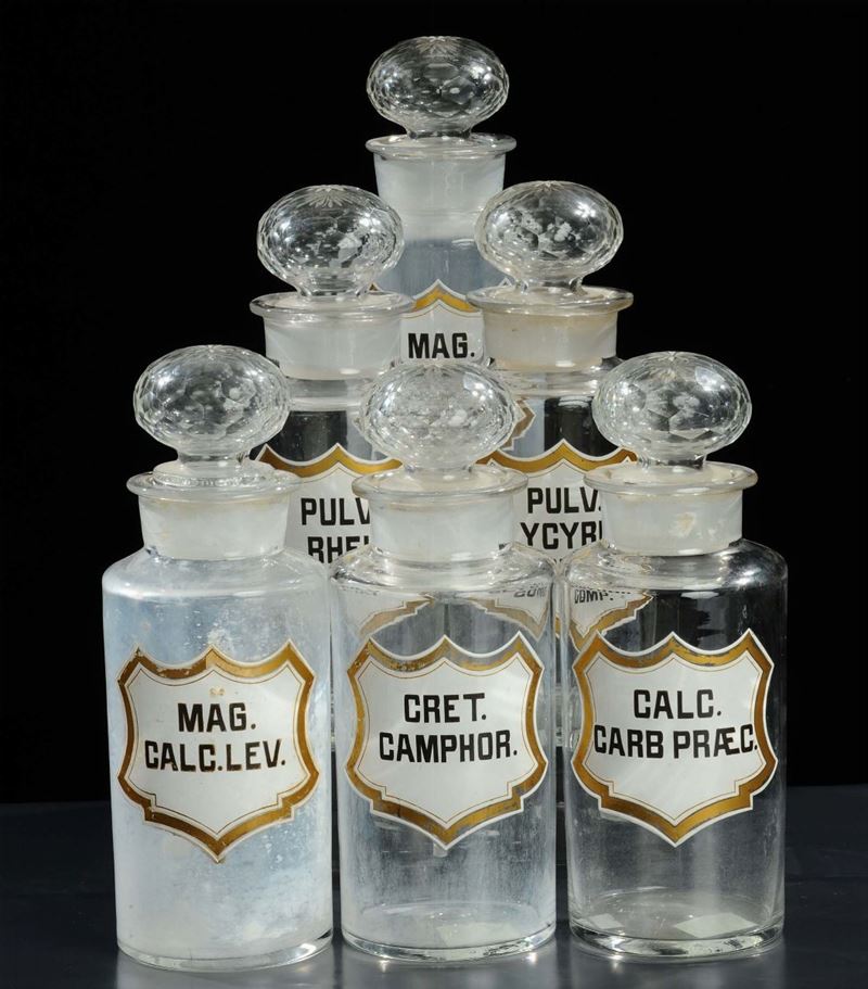 Sei vasi da farmacia in vetro incolore, XIX secolo  - Asta Antiquariato e Dipinti Antichi - Cambi Casa d'Aste