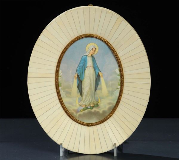 Cromolito raffigurante Madonna entro cornice in avorio, XX secolo