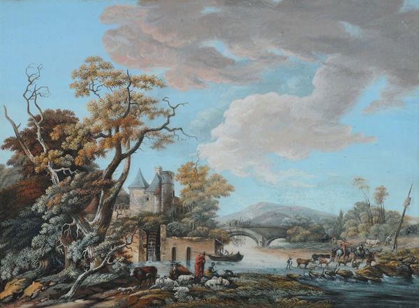 Anonimo del XIX secolo Paesaggio con fiume e figure