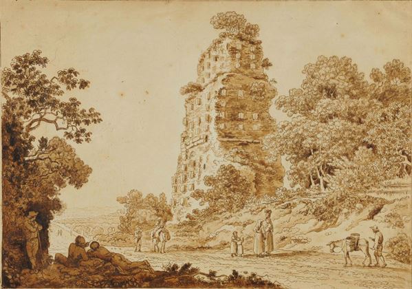 Labruzzi, attribuito a Paesaggio con rovina e personaggi