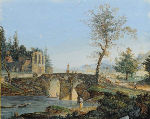 Scuola del XVIII secolo Paesaggio con pontePaesaggio con ponte e figure