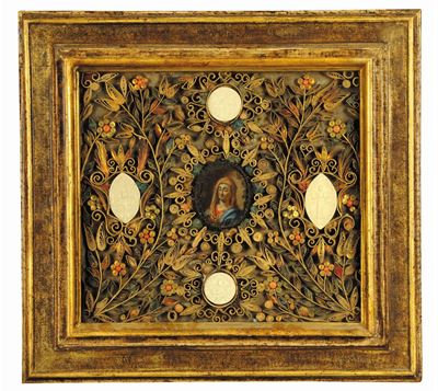 Miniatura Raffigurante Madonna Entro Composizione in Papier Rolle e Corallo, Sicilia XVIII Secolo