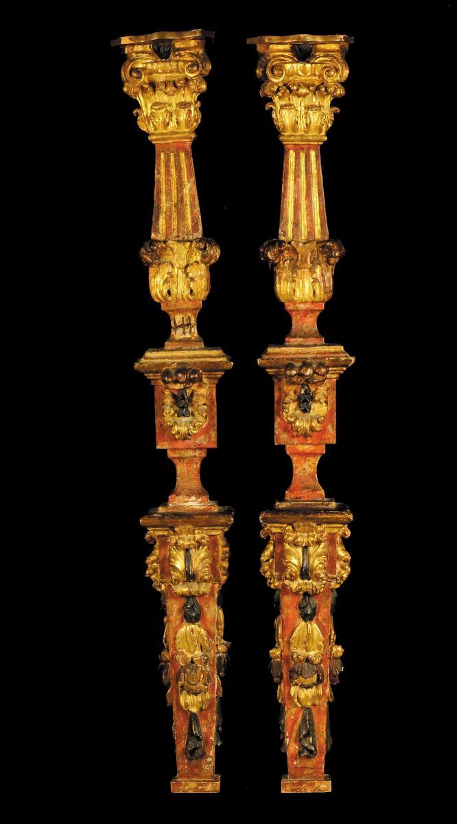 Coppia di lesene in legno dorato e laccato, XVIII secolo  - Auction Antiquariato e Dipinti Antichi - Cambi Casa d'Aste