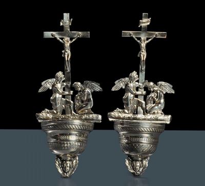 Coppia di Acquasantiere in Argento, Milano XIX Secolo