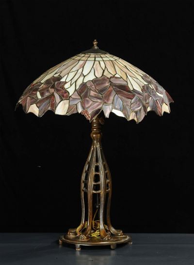 Lampada da Tavolo in Stile Tiffany in Bronzo e Vetro