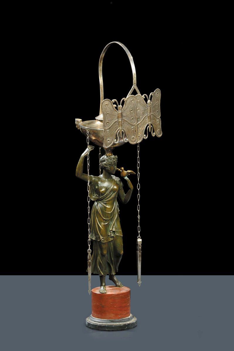 Lucerna in bronzo brunito ed argento, Roma XIX secolo  - Asta Antiquariato e Dipinti Antichi - Cambi Casa d'Aste