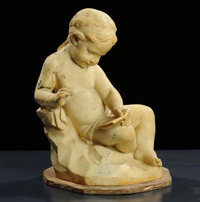 Scultura in Gesso Raffigurante Putto Seduto, XIX Secolo