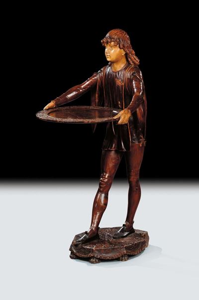 Scultura in Legno Raffigurante Ragazzo Portavassoio, Francia XIX Secolo