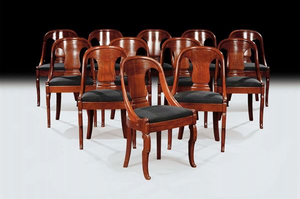 Dodici  sedie Carlo X in mogano, XIX secolo