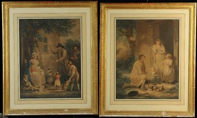 Coppia di Stampe Acquerellate Raffiguranti Scene Familiari, XIX Secolo