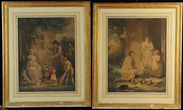 Coppia di stampe acquerellate raffiguranti scene familiari, XIX secolo