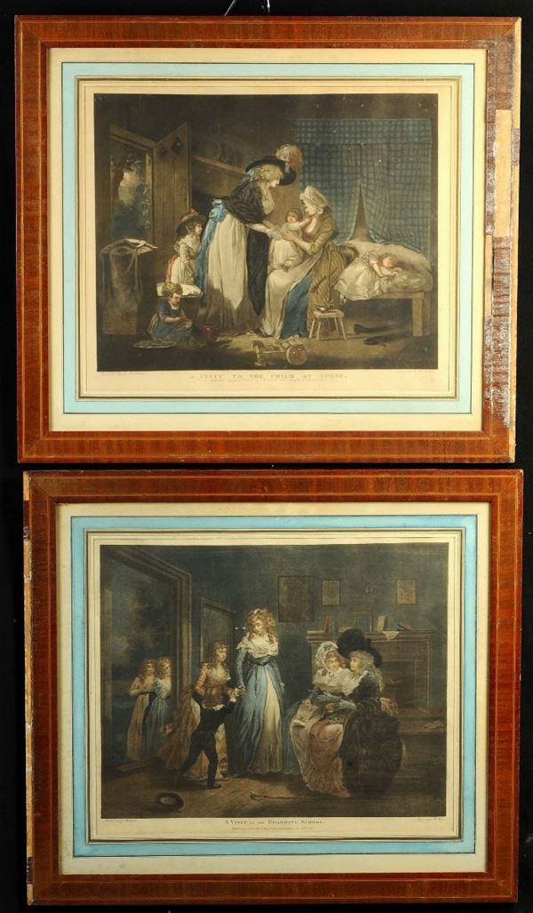 Coppia di stampe acquerellate raffiguranti scene d'interno, XIX secolo