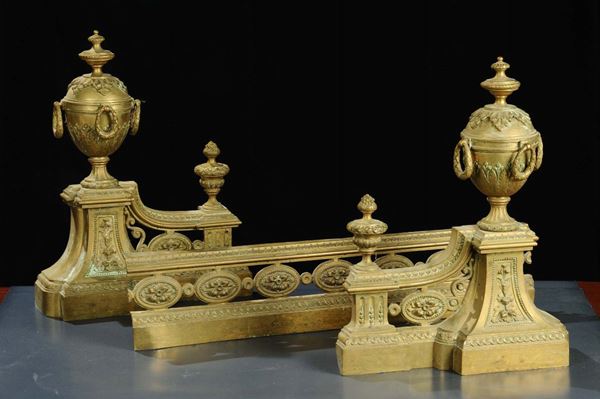 Set da camino Luigi XVI in metallo, Francia XIX secolo