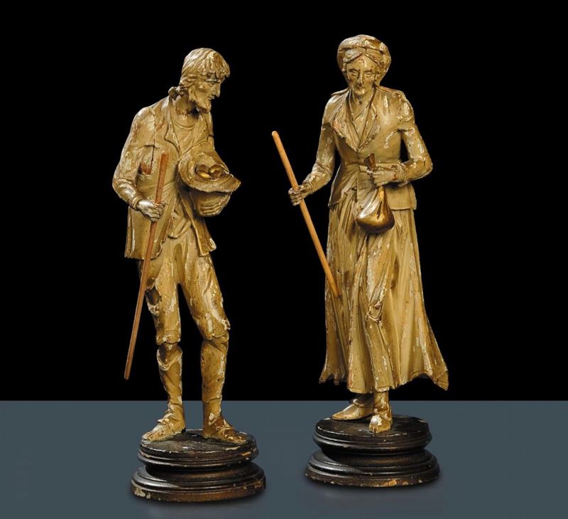 Coppia di sculturine lignee raffiguranti mendicanti, Venezia XIX secolo  - Auction Antiquariato e Dipinti Antichi - Cambi Casa d'Aste