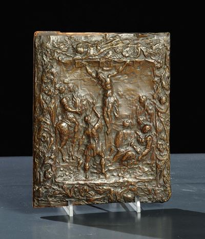 Placca in Rame Sbalzato Raffigurante Crocefissione, XIX Secolo