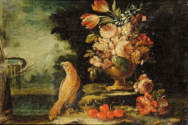 Scuola del XVIII secolo Natura morta con fiori e pappagallo